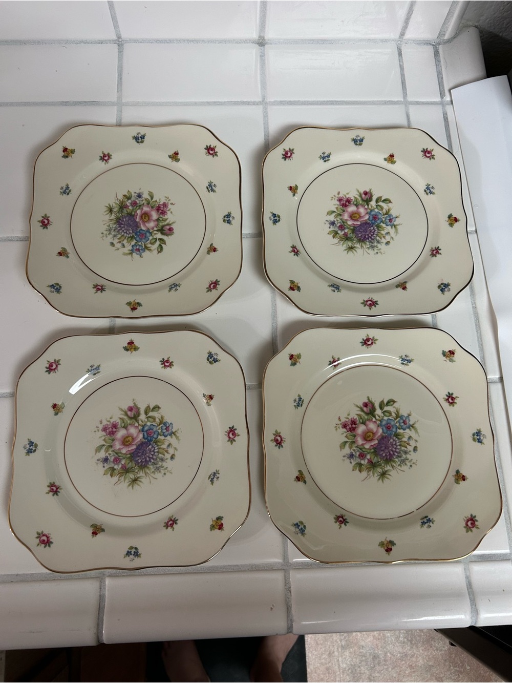 Vintage Bavaria Floral Square Salad Plates in Cream with Gold Trim - Set of 4